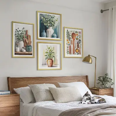 Augalinių motyvų paveikslų rinkinys 4 dalių komplektas su rėmais