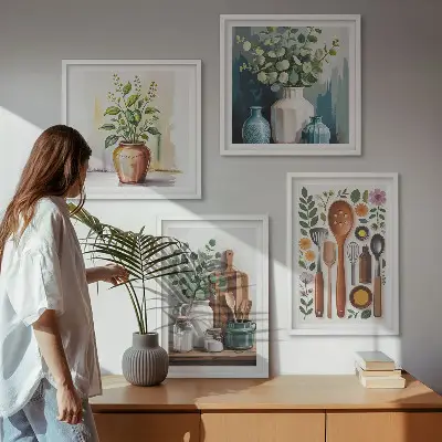 Augalinių motyvų paveikslų rinkinys 4 dalių komplektas su rėmais