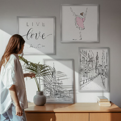 4 paveikslų rinkinys su rėmais Stilinga grafika balerinos architektūra