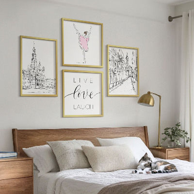 4 paveikslų rinkinys su rėmais Stilinga grafika balerinos architektūra