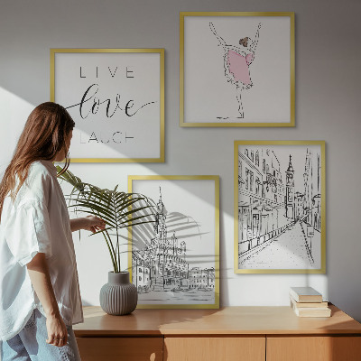 4 paveikslų rinkinys su rėmais Stilinga grafika balerinos architektūra