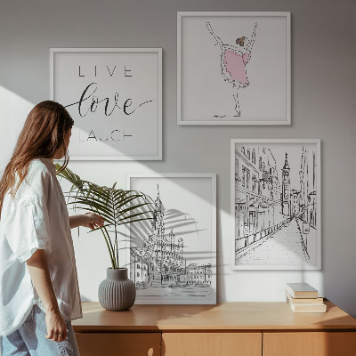 4 paveikslų rinkinys su rėmais Stilinga grafika balerinos architektūra