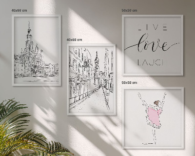 4 paveikslų rinkinys su rėmais Stilinga grafika balerinos architektūra