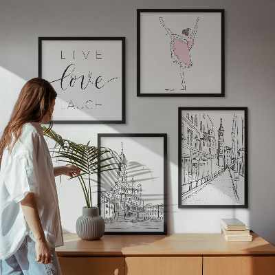 4 paveikslų rinkinys su rėmais Stilinga grafika balerinos architektūra