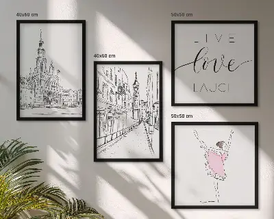 4 paveikslų rinkinys su rėmais stilinga balerinos ir architektūros grafika