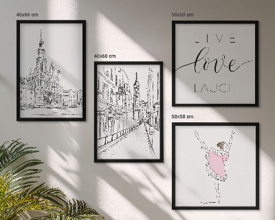 4 paveikslų rinkinys su rėmais Stilinga grafika balerinos architektūra