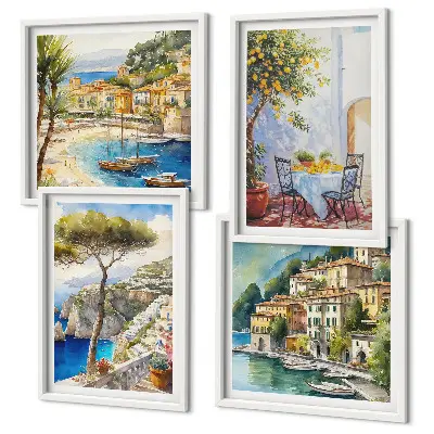 Italijos miestų akvarelė 4 paveikslų rinkinys su rėmais