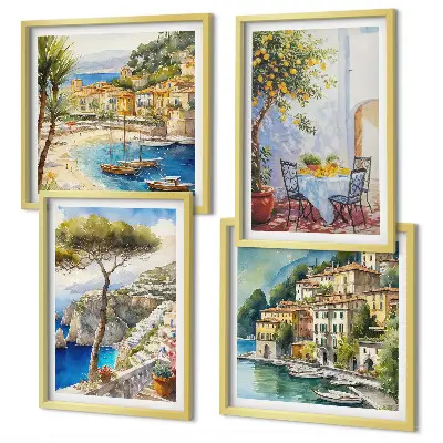 Italijos miestų akvarelė 4 paveikslų rinkinys su rėmais