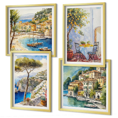 4 paveikslų rinkinys su rėmais Italijos miestų akvarelė