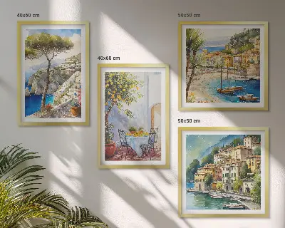 Italijos miestų akvarelė 4 paveikslų rinkinys su rėmais