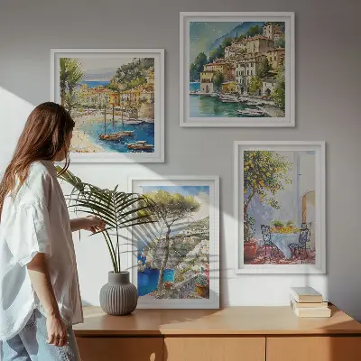 Italijos miestų akvarelė 4 paveikslų rinkinys su rėmais