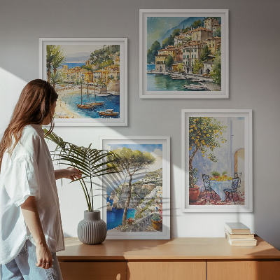 4 paveikslų rinkinys su rėmais Italijos miestų akvarelė