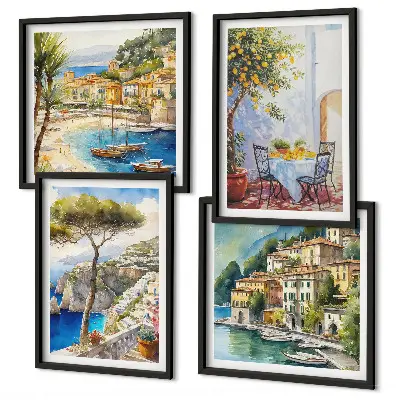 Italijos miestų akvarelė 4 paveikslų rinkinys su rėmais