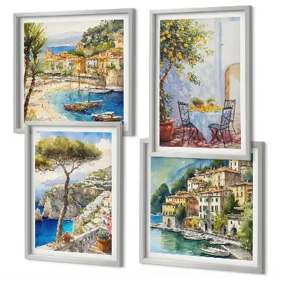 Italijos miestų akvarelė 4 paveikslų rinkinys su rėmais