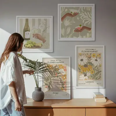 Europos miestų gėlių raštai 4 paveikslų rinkinys su rėmais