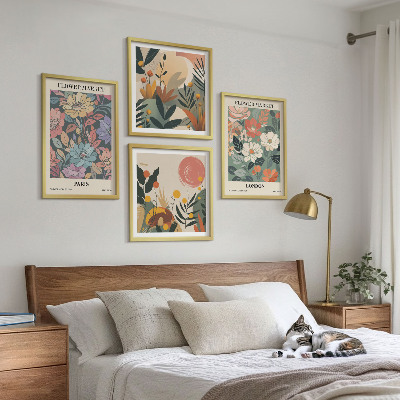 4 paveikslų rinkinys su rėmais Gėlių plakatai Paryžius Londonas