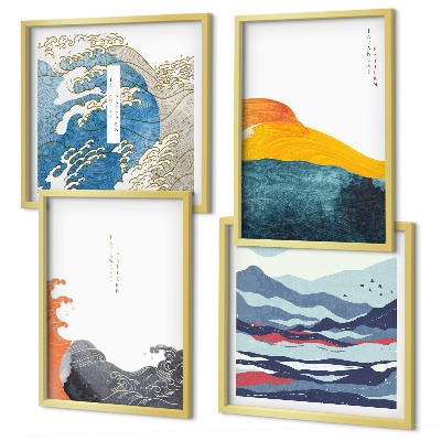 4 paveikslų rinkinys su rėmais Japonų meno grafika, bangos