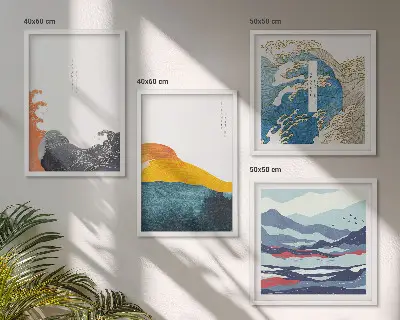 Japonų meno grafika 4 paveikslų rinkinys su rėmais, bangų motyvas