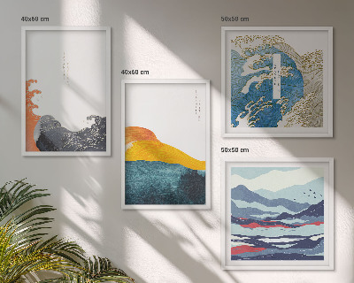 4 paveikslų rinkinys su rėmais Japonų meno grafika, bangos