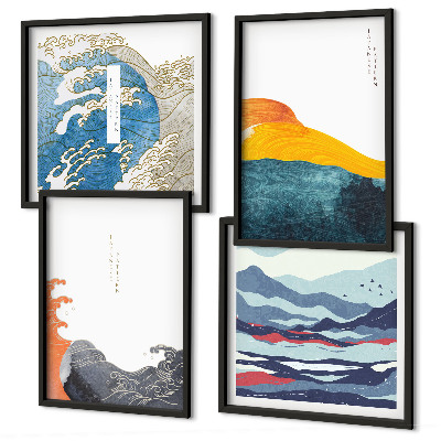4 paveikslų rinkinys su rėmais Japonų meno grafika, bangos