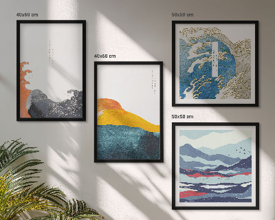 4 paveikslų rinkinys su rėmais Japonų meno grafika, bangos