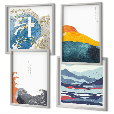 4 paveikslų rinkinys su rėmais Japonų meno grafika, bangos