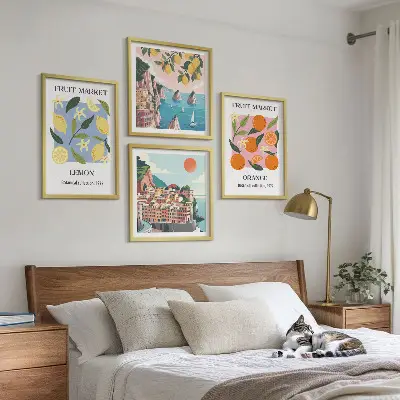 Vaisių plakatų rinkinys 4 paveikslai su rėmais, vaizduojantys citrinas ir apelsinus