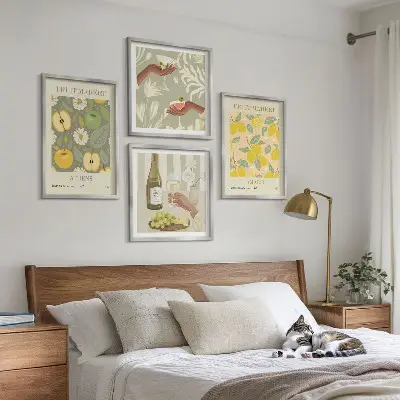 Vaisių raštai itališkame vyne 4 paveikslų rinkinys su rėmais