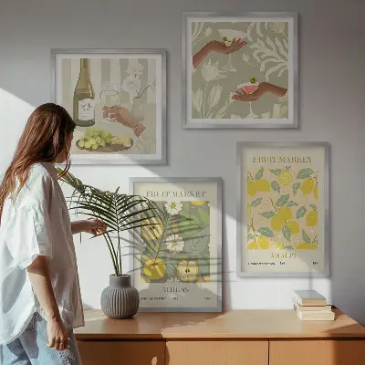 Vaisių raštai itališkame vyne 4 paveikslų rinkinys su rėmais