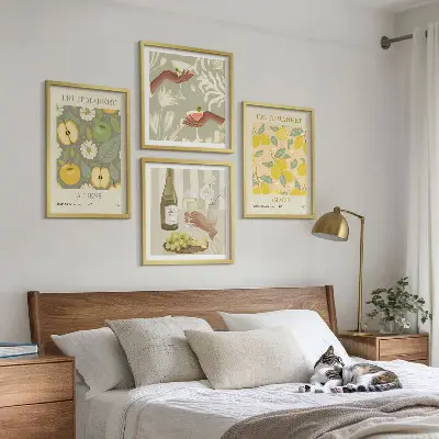 Vaisių raštai itališkame vyne 4 paveikslų rinkinys su rėmais