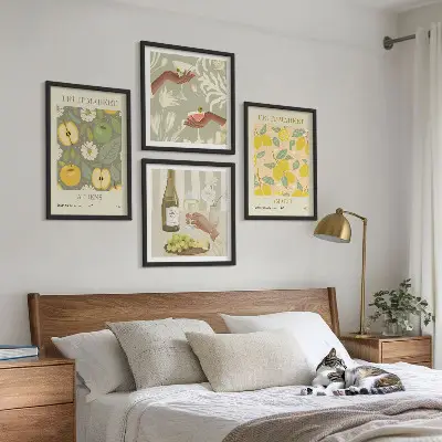 Vaisių raštai itališkame vyne 4 paveikslų rinkinys su rėmais