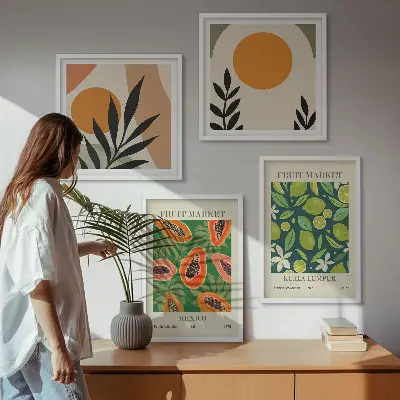 Paveikslų kompozicija ant sienos su boho stiliaus papajos vaisių raštais