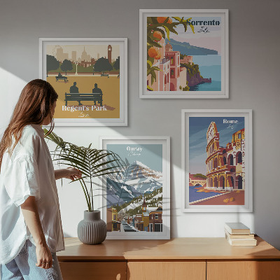 4 paveikslų rinkinys su rėmais Retro garsių vietų iliustracijos