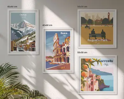 4 paveikslų rinkinys su rėmais retro stiliaus garsių vietų iliustracijos