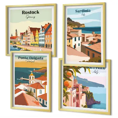 Europos uostų vaizdai 4 paveikslų rinkinys su rėmais