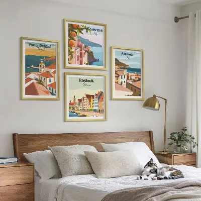 Europos uostų vaizdai 4 paveikslų rinkinys su rėmais
