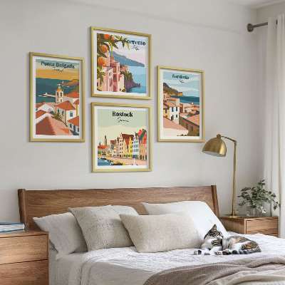 4 paveikslų rinkinys su rėmais Europos uostų vaizdai