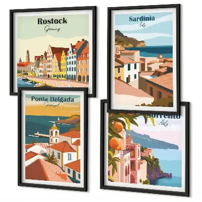 Europos uostų vaizdai 4 paveikslų rinkinys su rėmais