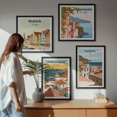 Europos uostų vaizdai 4 paveikslų rinkinys su rėmais
