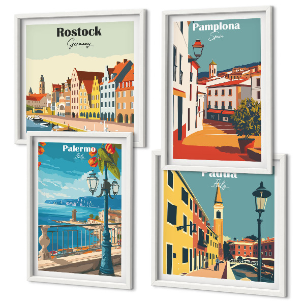 4 paveikslų rinkinys su rėmais Retro miesto iliustracijos