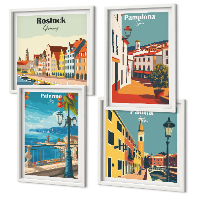 4 paveikslų rinkinys su rėmais Retro miesto iliustracijos