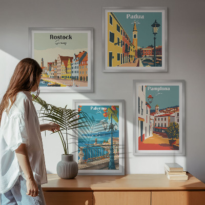 4 paveikslų rinkinys su rėmais Retro miesto iliustracijos