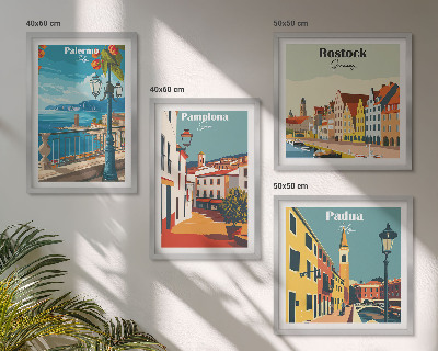 4 paveikslų rinkinys su rėmais Retro miesto iliustracijos