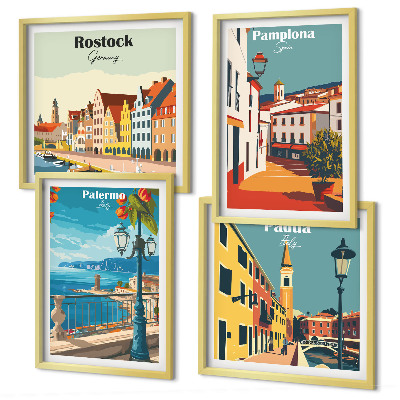 4 paveikslų rinkinys su rėmais Retro miesto iliustracijos