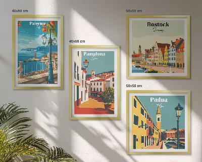 Retro miesto iliustracijos 4 paveikslų rinkinys su rėmais