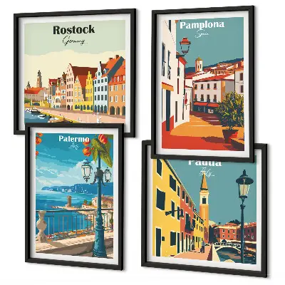 Retro miesto iliustracijos 4 paveikslų rinkinys su rėmais