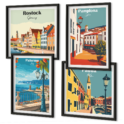 4 paveikslų rinkinys su rėmais Retro miesto iliustracijos