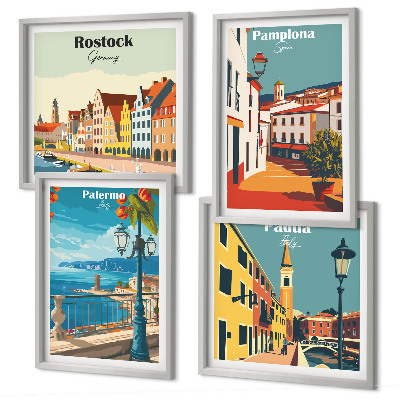 4 paveikslų rinkinys su rėmais Retro miesto iliustracijos