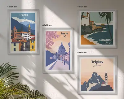 Kalnų retro architektūros iliustracijų rinkinys 4 paveikslai su rėmais