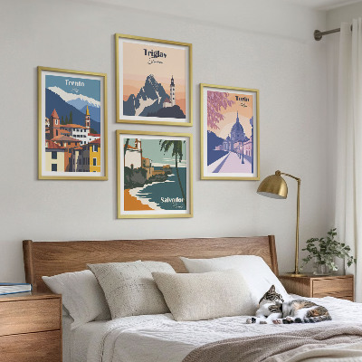 4 paveikslų rinkinys su rėmais Kalnų retro architektūros iliustracijos